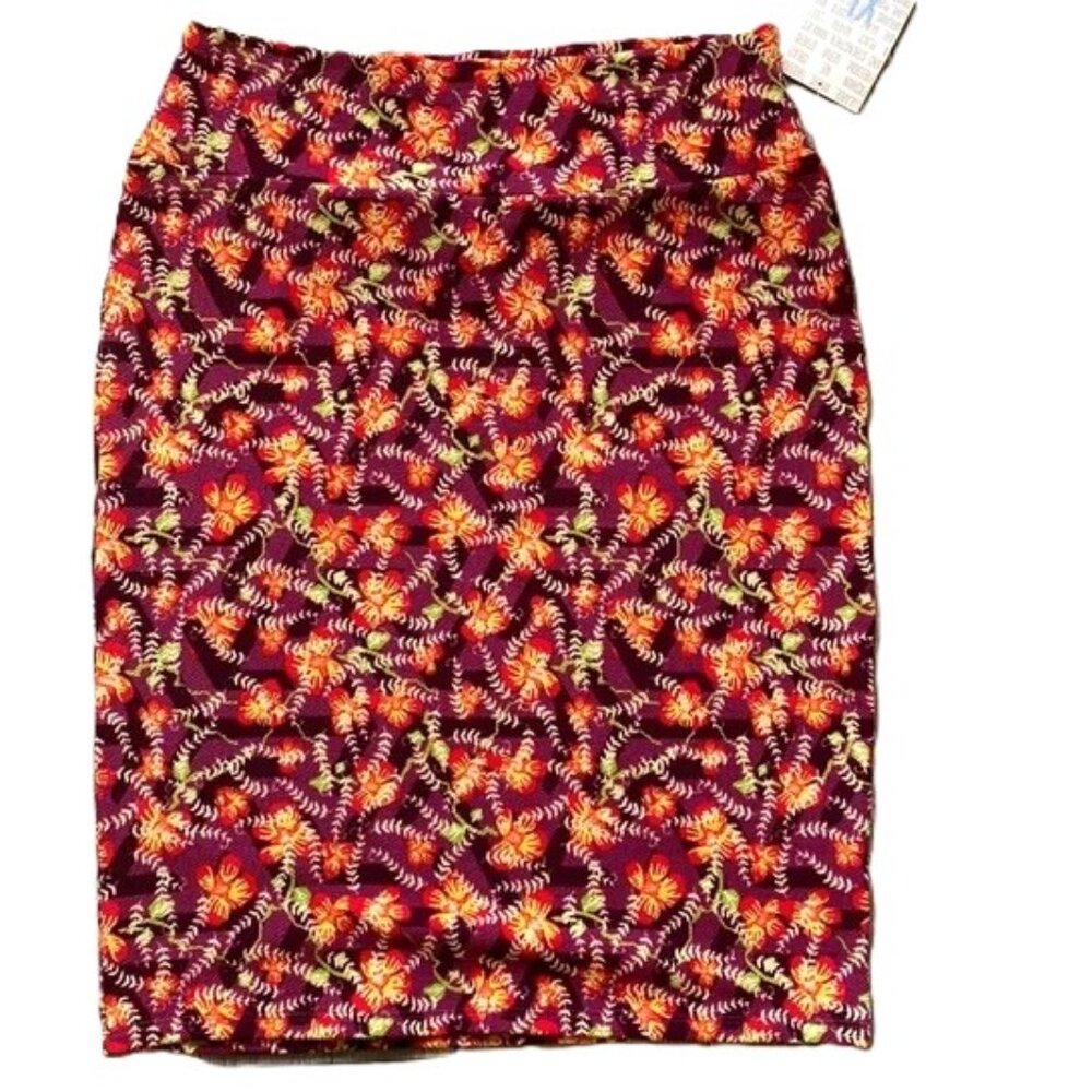 LuLaRoe Cassie Pencil Skirt Size XL Floral Hawaiian Purple Red Yellow Green